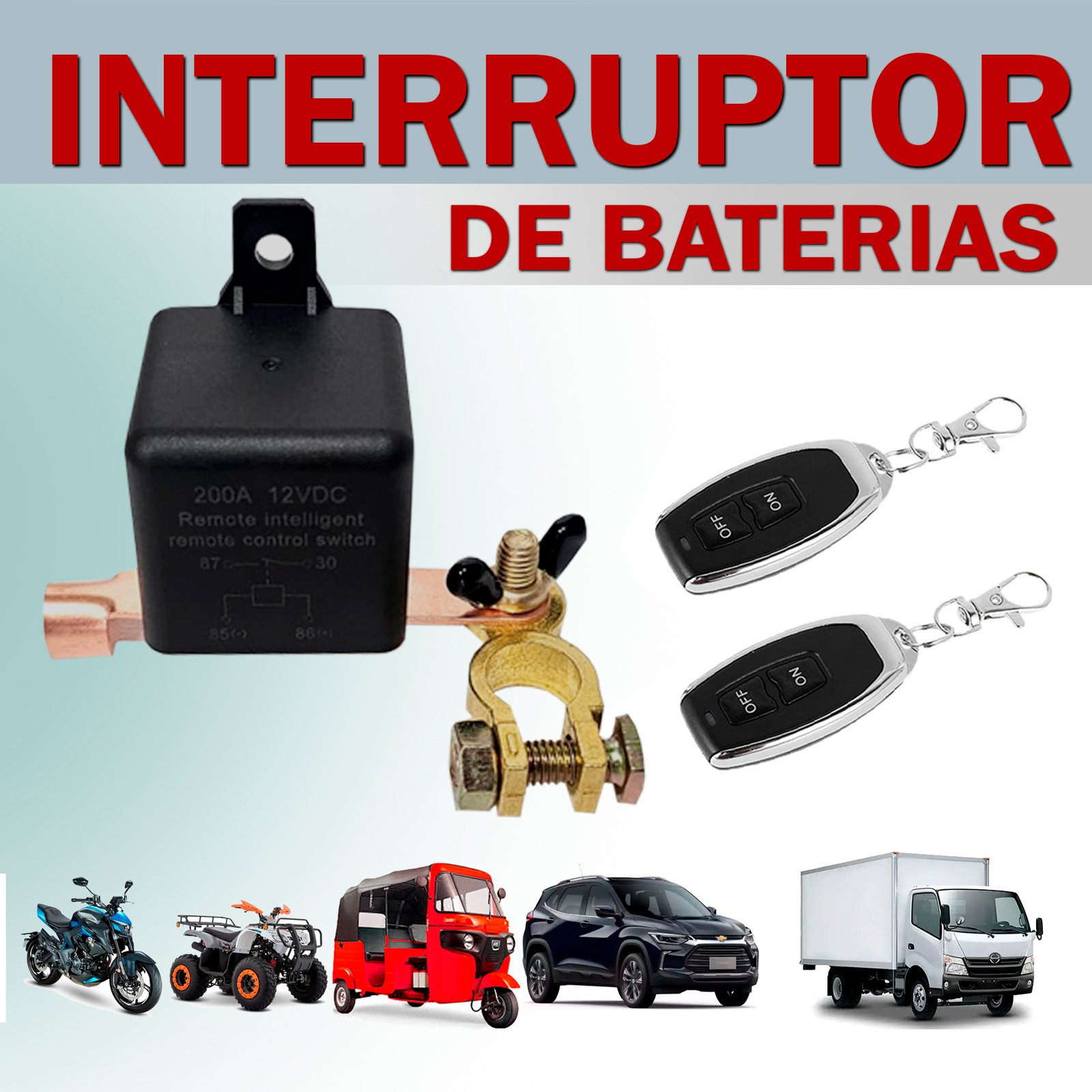 INTERRUPTOR DE CORRIENTE ELECTRICA DE BATARÍA DE VEHICULOS Y MOTOS CON CONTROL REMOTO
